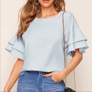 3/$20 NEW SHEIN Pastel Blue Ruffle Sleeve Chiffon Short Sleeve Blouse
